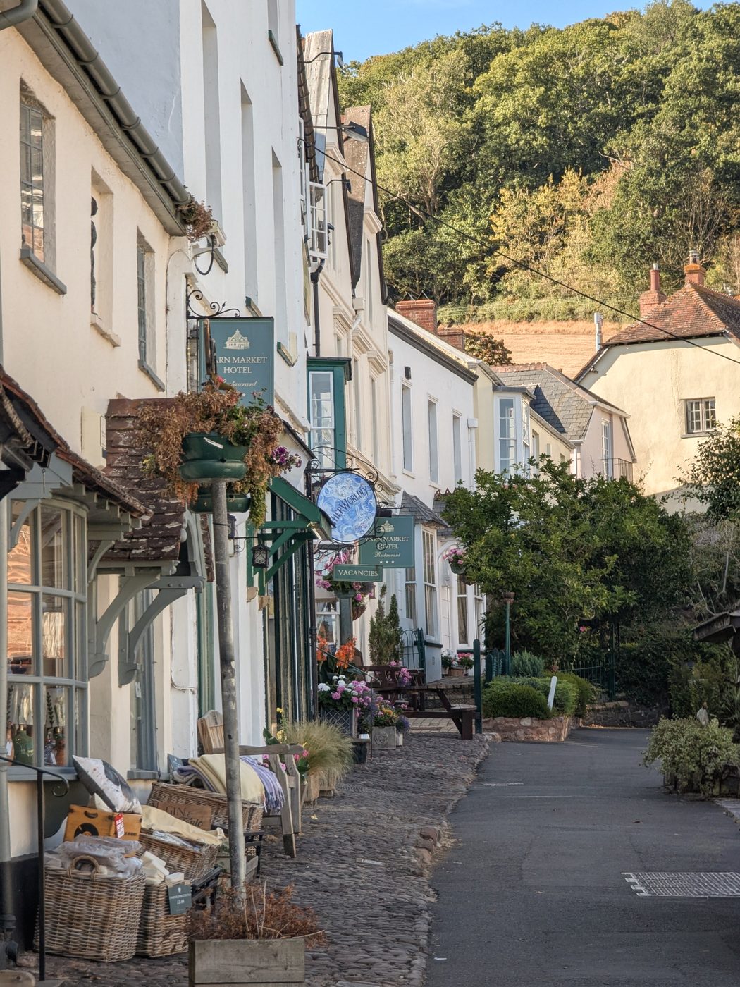 The high street in Dunster, Somerset, in summer, with shopfronts, flower baskets and a wooded hill behind