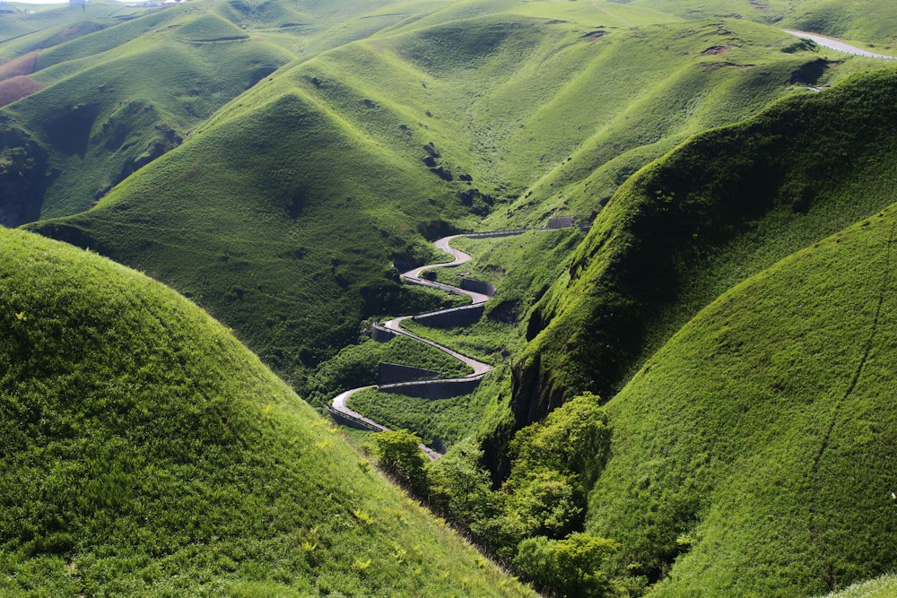 Aerial view of the green ridges around Mount Aso