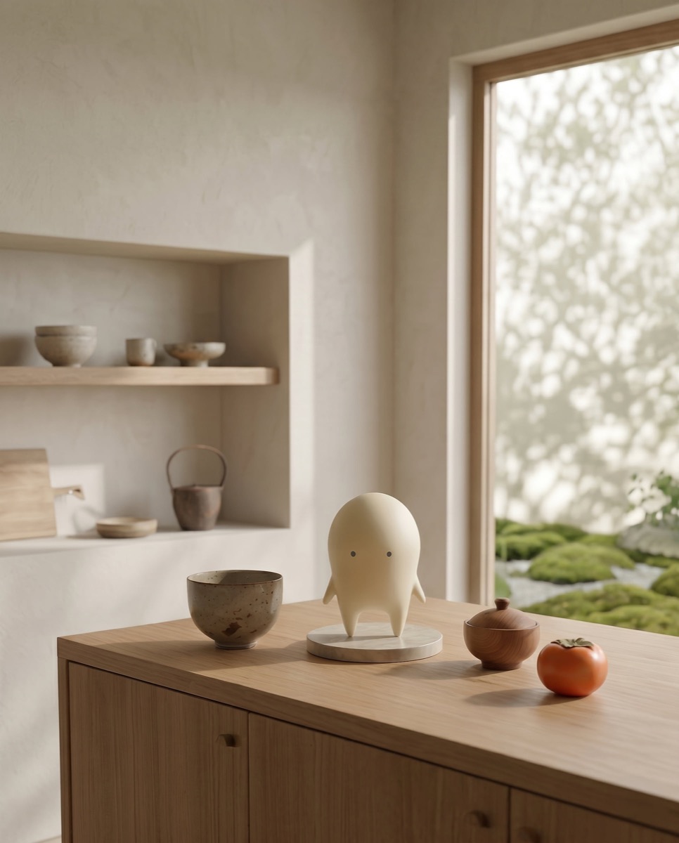 The Auwa figure on a wooden counter beside a tea bowl and a persimmon